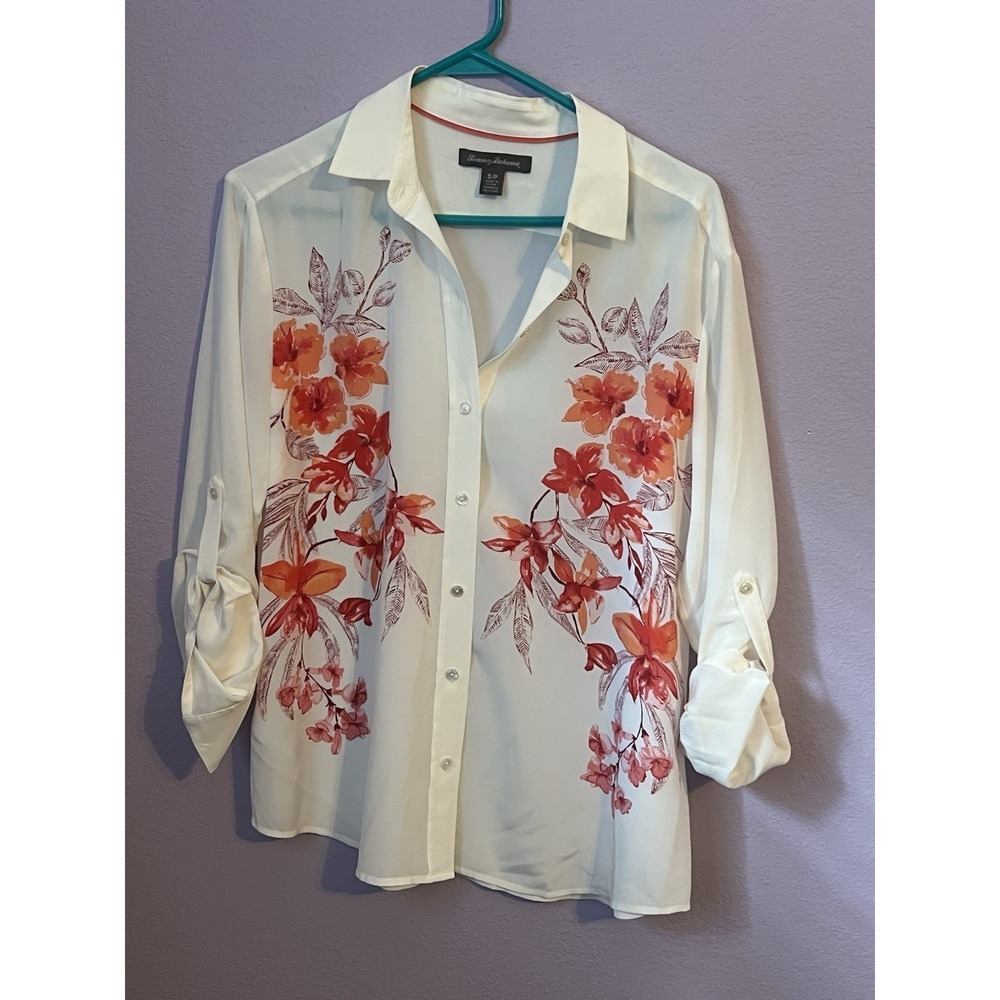 Tommy‎ Bahama White Red Peach Floral Button Up 100% Silk Blouse Top Size Small